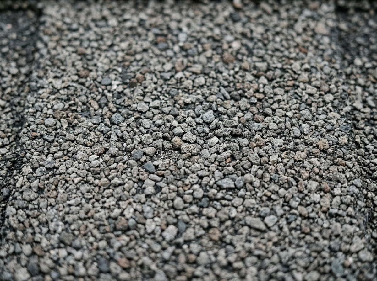 Closeup of asphalt roofing granules illustrates material assessed for granule loss