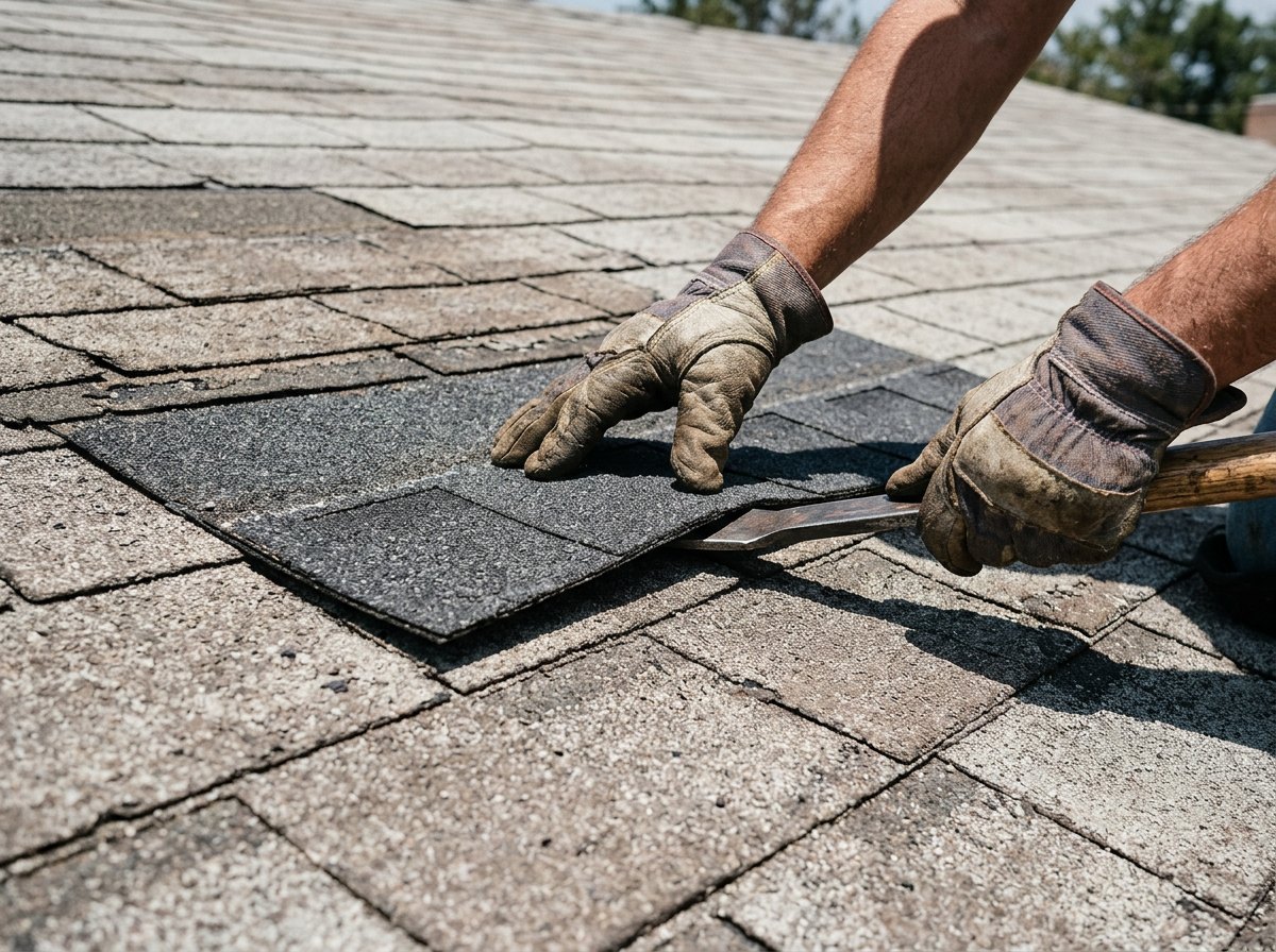 Gloved hands repairing shingles illustrate roof tune-up services in Gardena