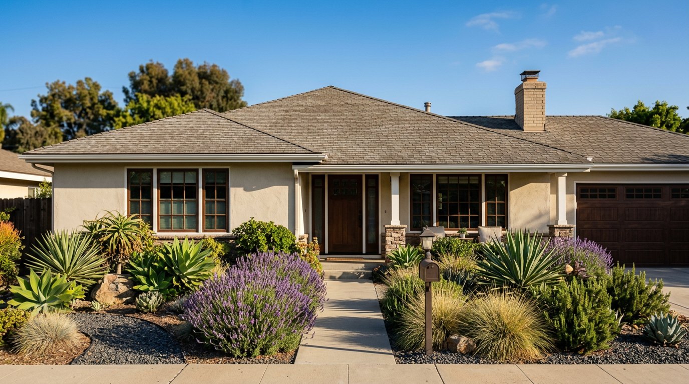 Single-story stucco home with a faded asphalt shingle roof, a brick chimney and drought-tolerant landscaping with lavender and agave