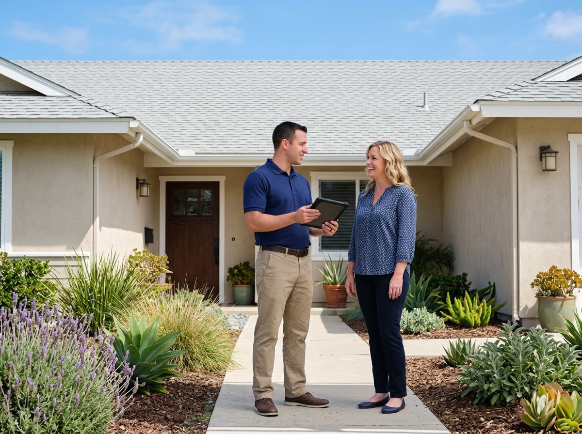 Inspector beside homeowner illustrates roof repair financing discussions for asphalt roofing