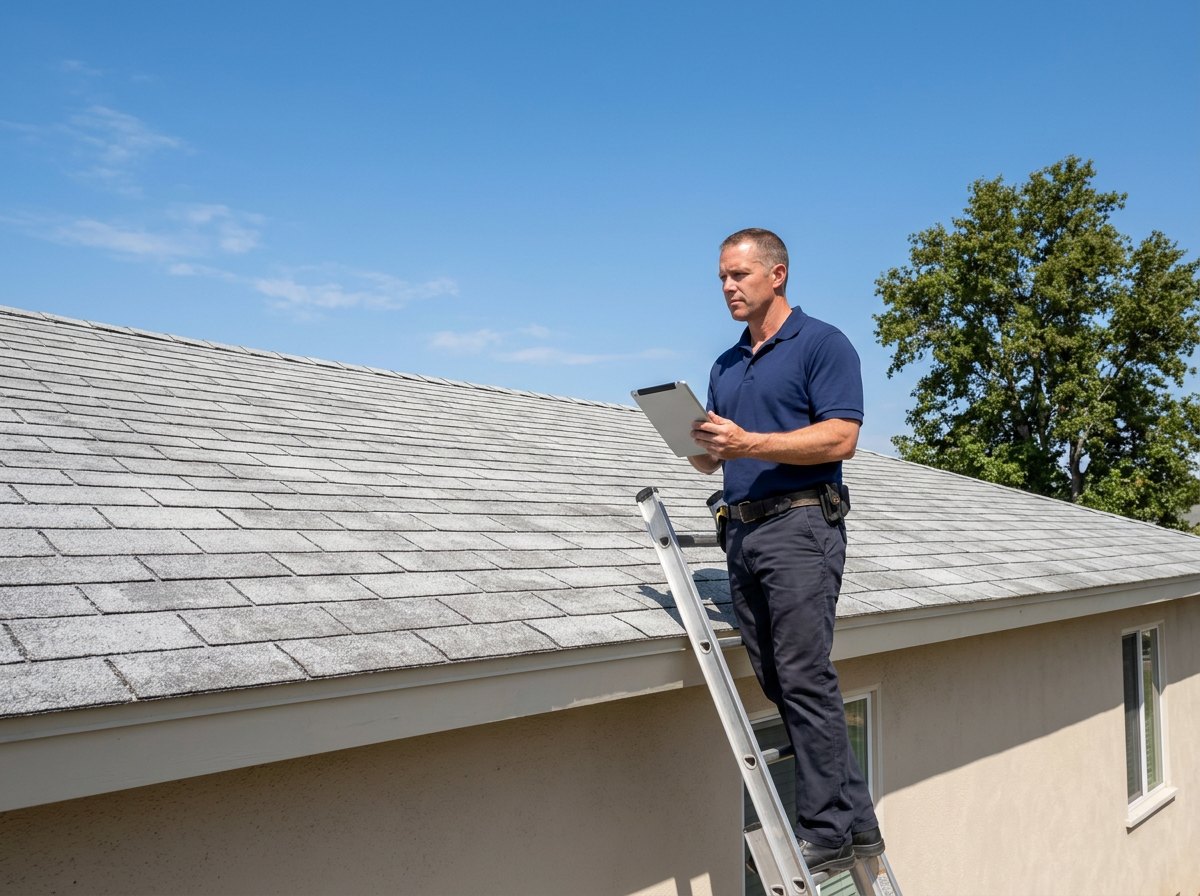 Inspector checking asphalt shingles illustrates assessments determining when to replace a roof
