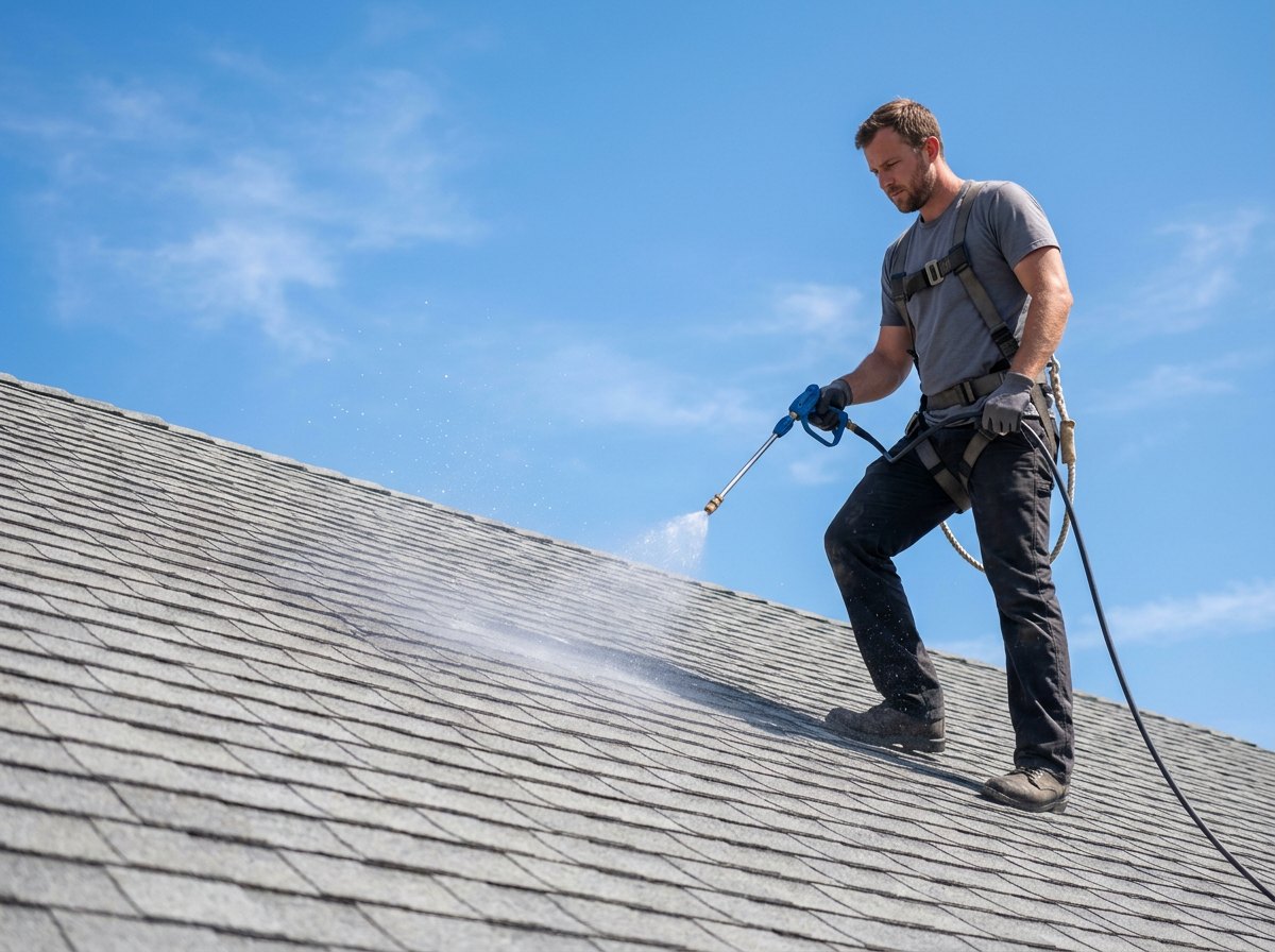 Roofer rinsing gray roofing before asphalt shingle roof treatment begins