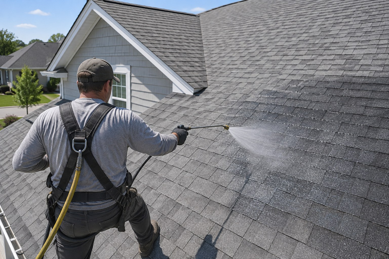 Spray on roof coating applied to a gray asphalt shingle roof in Los Angeles