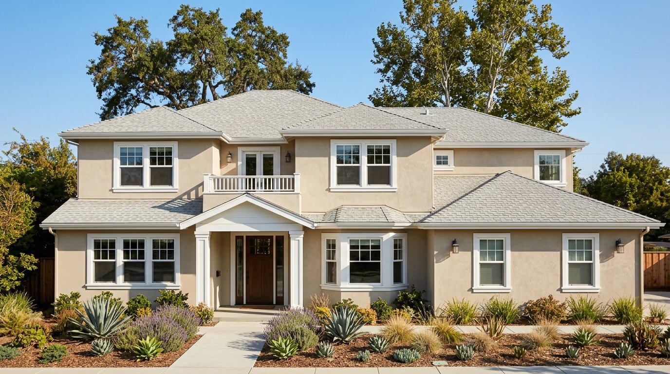 Two-story asphalt-roofed home accompanies guidance on roof treatment value comparisons