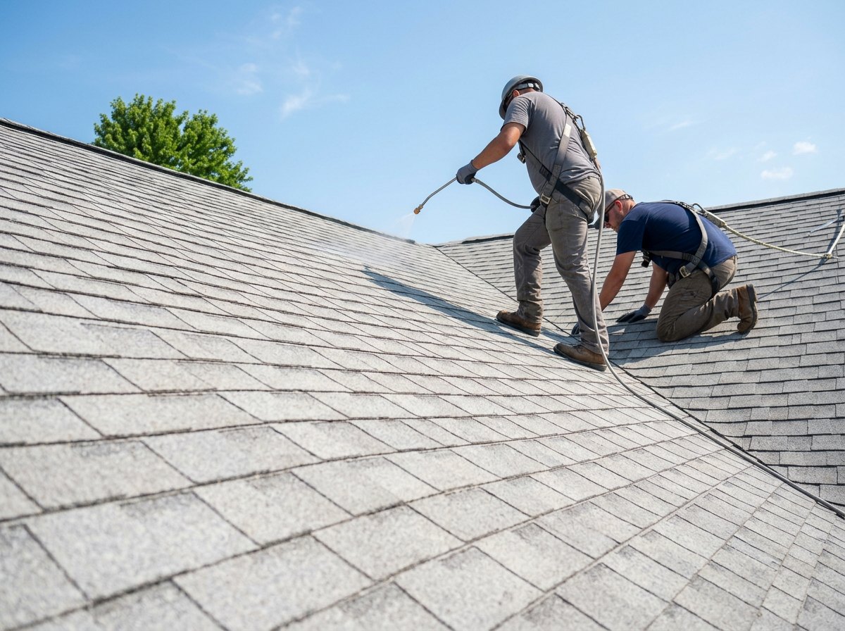 Two workers coating gray asphalt shingles with a handheld application wand